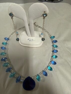Blue Teardrop Crystal Necklace and Earrings Set